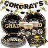 SUNBEAUTY 66 Pieces Graduation Decoration Party Tableware, 2023 Black Gold Graduation Decoration Including Congrats Grad Banner, Paper Plates, Paper Cups, Napkins