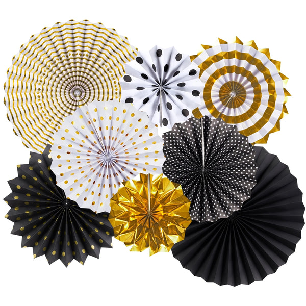 Sunbeauty 8 Pcs Black and Gold Party Decorations Metallic Paper Fans Decor for Birthday,New Years Party