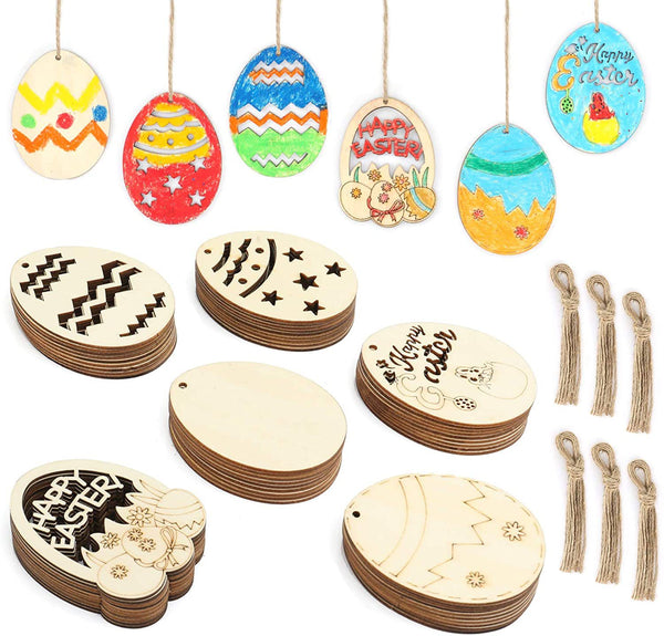 6pcs New Easter Wood-chip Egg Decorations Pendants DIY Wooden Easter decorations