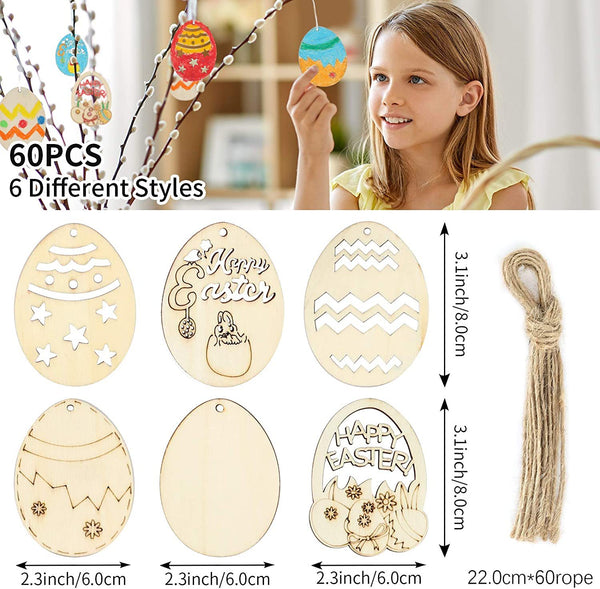 6 piezas nuevas decoraciones de huevos de astillas de madera de Pascua colgantes DIY decoraciones de Pascua de madera