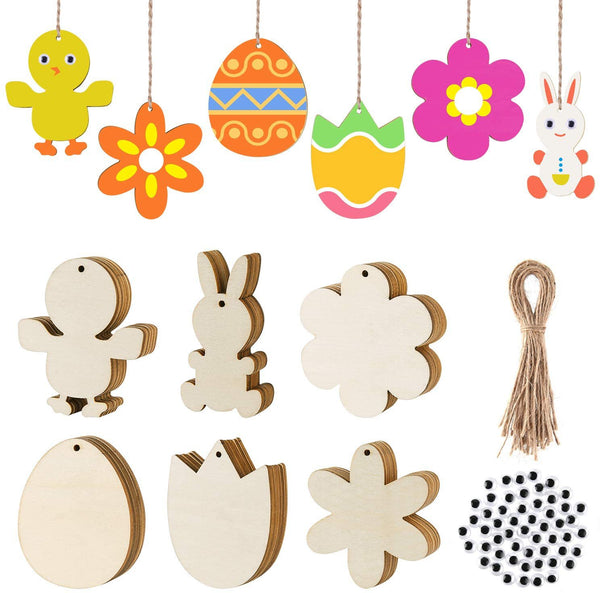 6pcs Easter Holiday Party Bunny Egg DIY Wood Home Decorations Creative Rabbit Woodchip Pendant Set