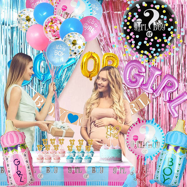 Gender Reveal Set Tableware Baby Shower Boy or Girl Banner Blue and Pink Balloon Party Decorations