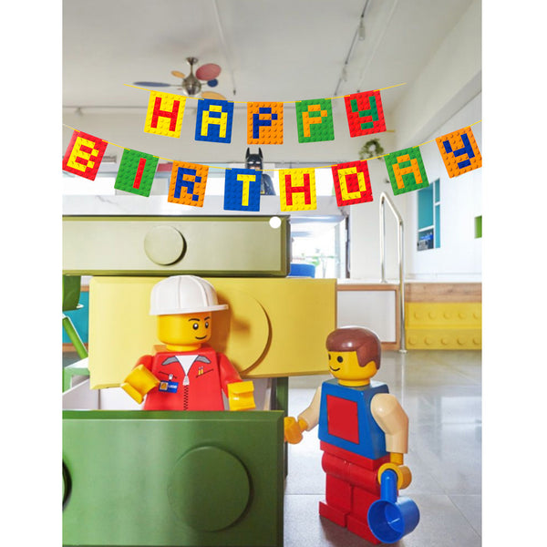 Building Block Happy Birthday Party Decorations Hanging Banner - Sunbeauty
