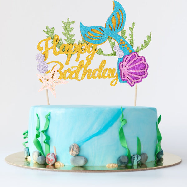 Glitter Mermaid Tail Cake Topper Happy Birthday Cake Picks - Sunbeauty