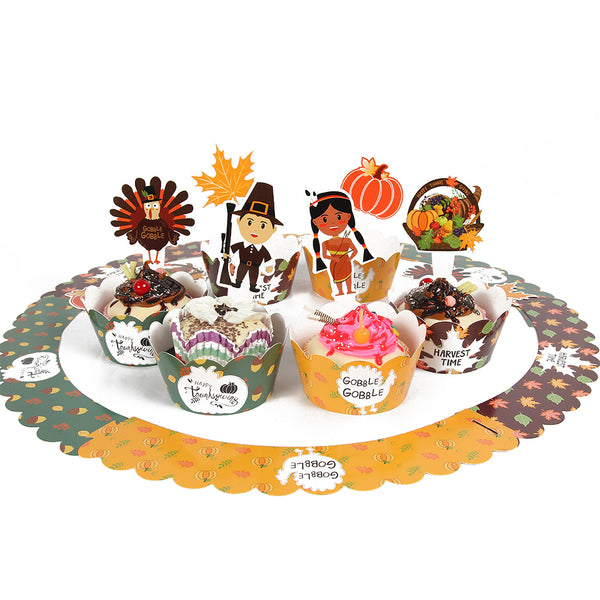 Thanksgiving Cupcake Toppers Wrappers Decorations Kit - Sunbeauty