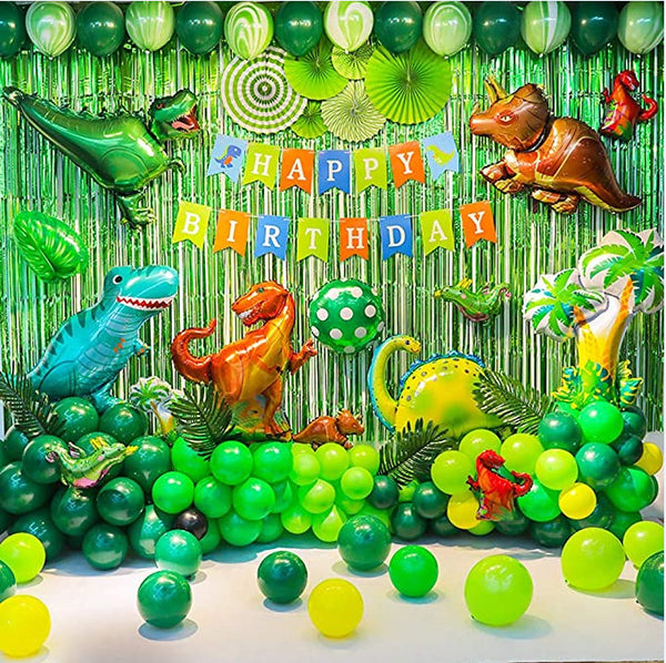 Kid's Dinosaur Themed Balloon Party Background Decoration Happy Birthday Banner Paper Fan Palm Leaf Set